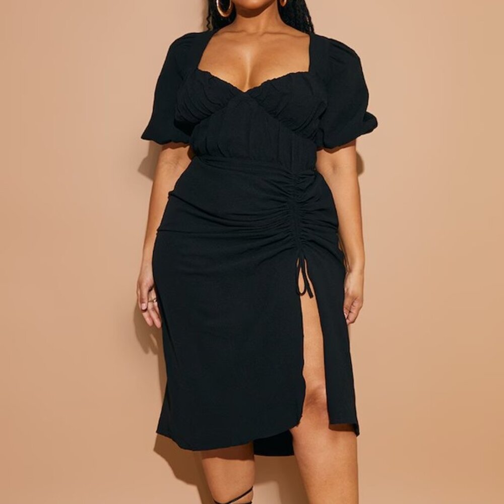 Pretty Little Thing Black Puff Sleeve Ruched Split Side Midi Dress Size 24